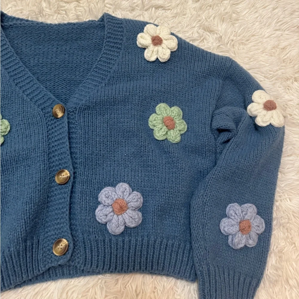 3D Flower Sweater Flower Cardigan Knit Sweater Blue Knit with Floral Details